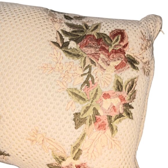 Floral Embroidered Pillow Cream Pink Rust Green Cottagecore Rectangle 15" X 12" - Picture 5 of 14